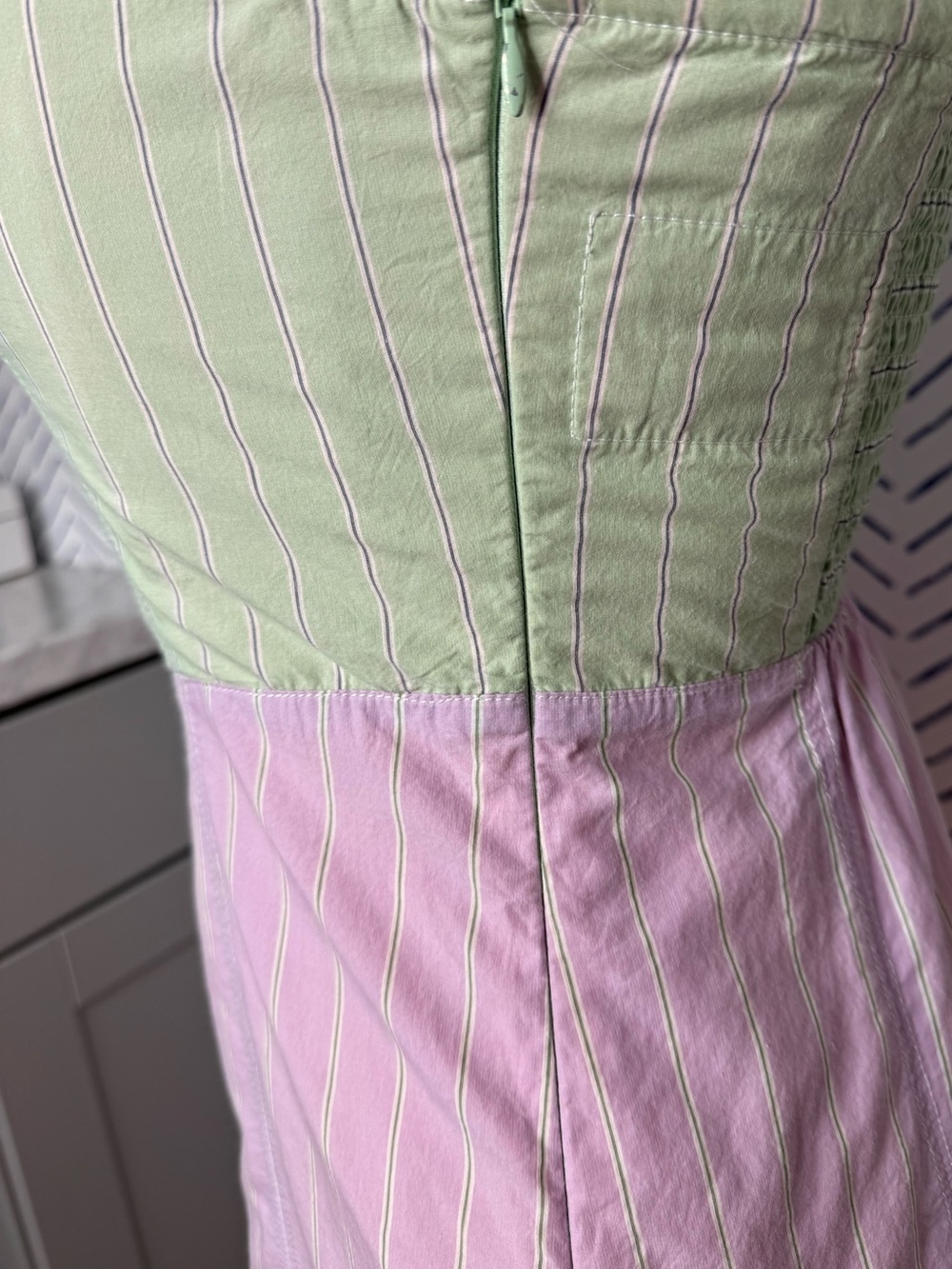 Maeve Strapless Colorblock Pinstripe Midi Dress small pink purple green - Picture 9 of 10